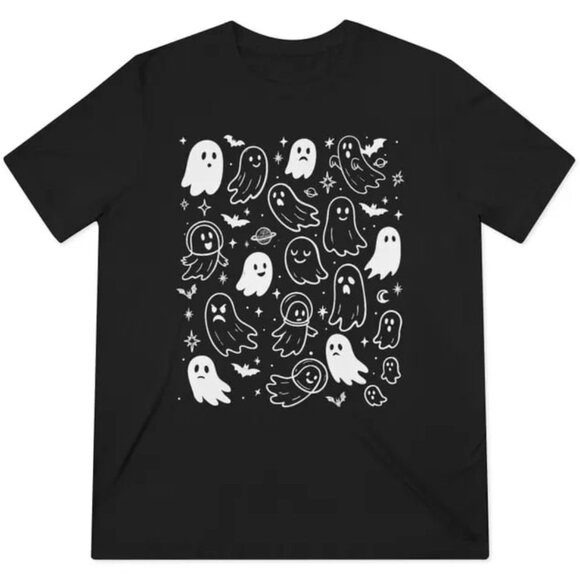 Tops - Ghosts In Space Shirt, Retro Graphic Ghost Tshirt, Funny Halloween Ghost Shirt